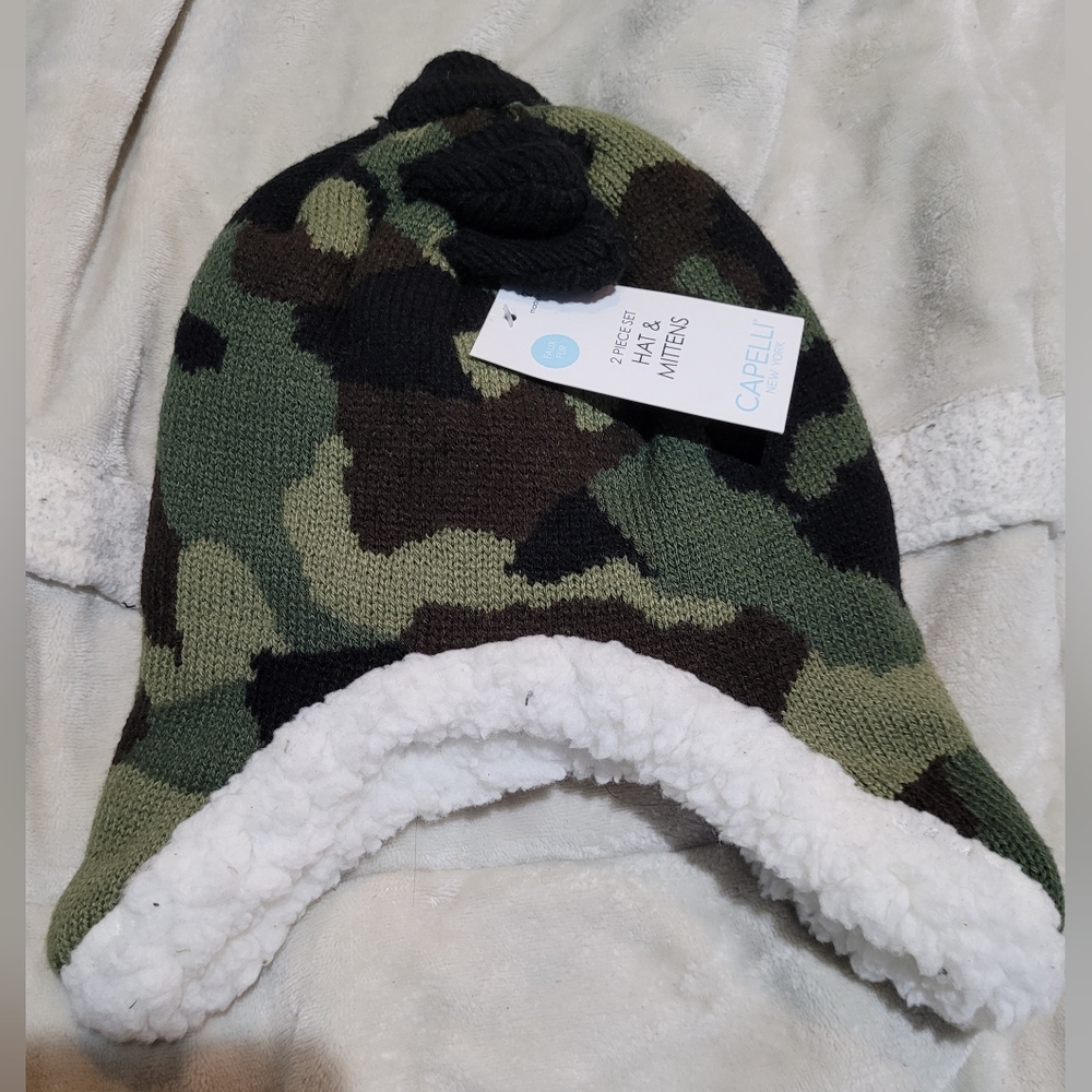 🎉5/$20 NWT Capelli Toddler Boy 2-4T Camo Sherpa Hat & Mittens Set